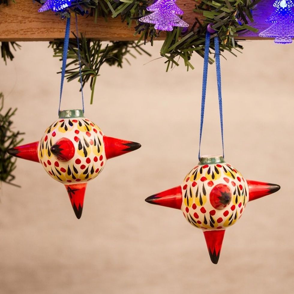 Colorful Ceramic Piata Ornaments from Mexico Pair 'Fiery Piatas'