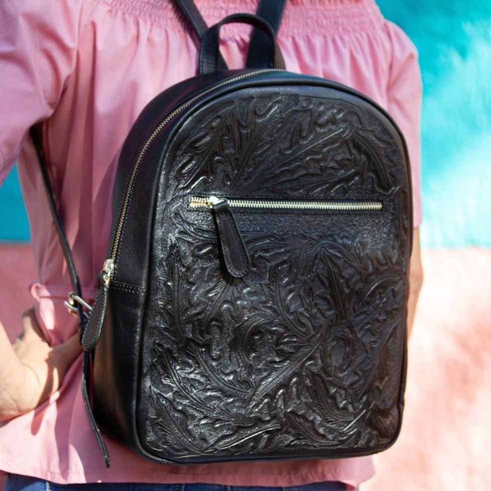 Floral Pattern Leather Backpack in Black from Mexico 'Onyx Floral Artisan'
