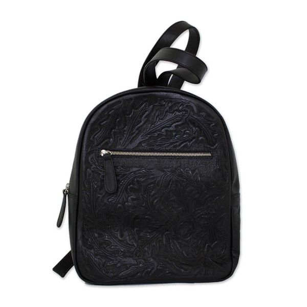 Alternate image for Floral Pattern Leather Backpack in Black from Mexico Onyx Floral Artisan