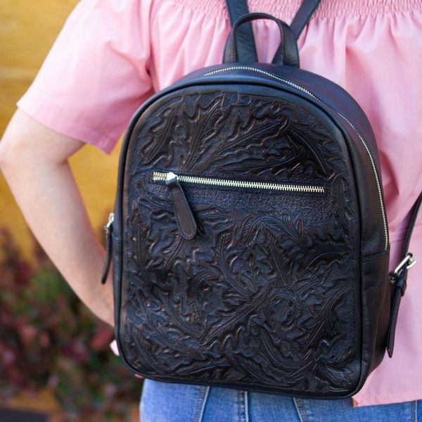 Alternate image for Floral Pattern Leather Backpack in Black from Mexico Onyx Floral Artisan