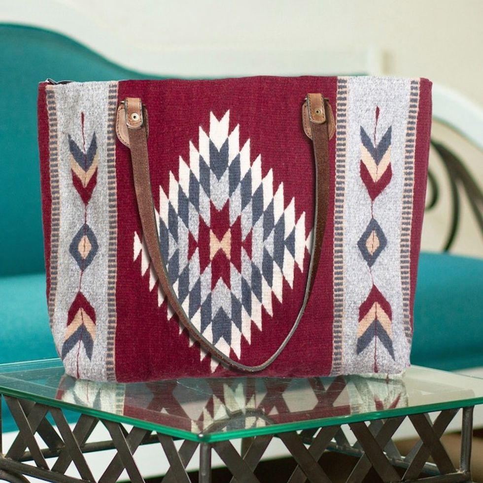 Handwoven Leather Accent Red Wool Zapotec Tote Bag 'Red Starburst'