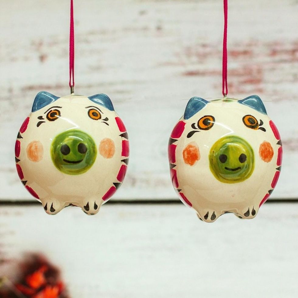 Hand-Painted Ceramic Pig Ornament Pair from Mexico 'Holiday Pigs'