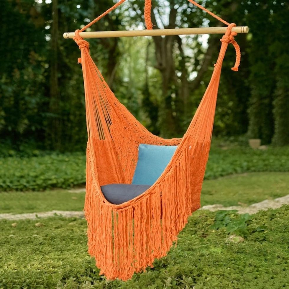 Orange Fringed Cotton Rope Mayan Hammock Swing from Mexico 'Sea Breezes in Orange'