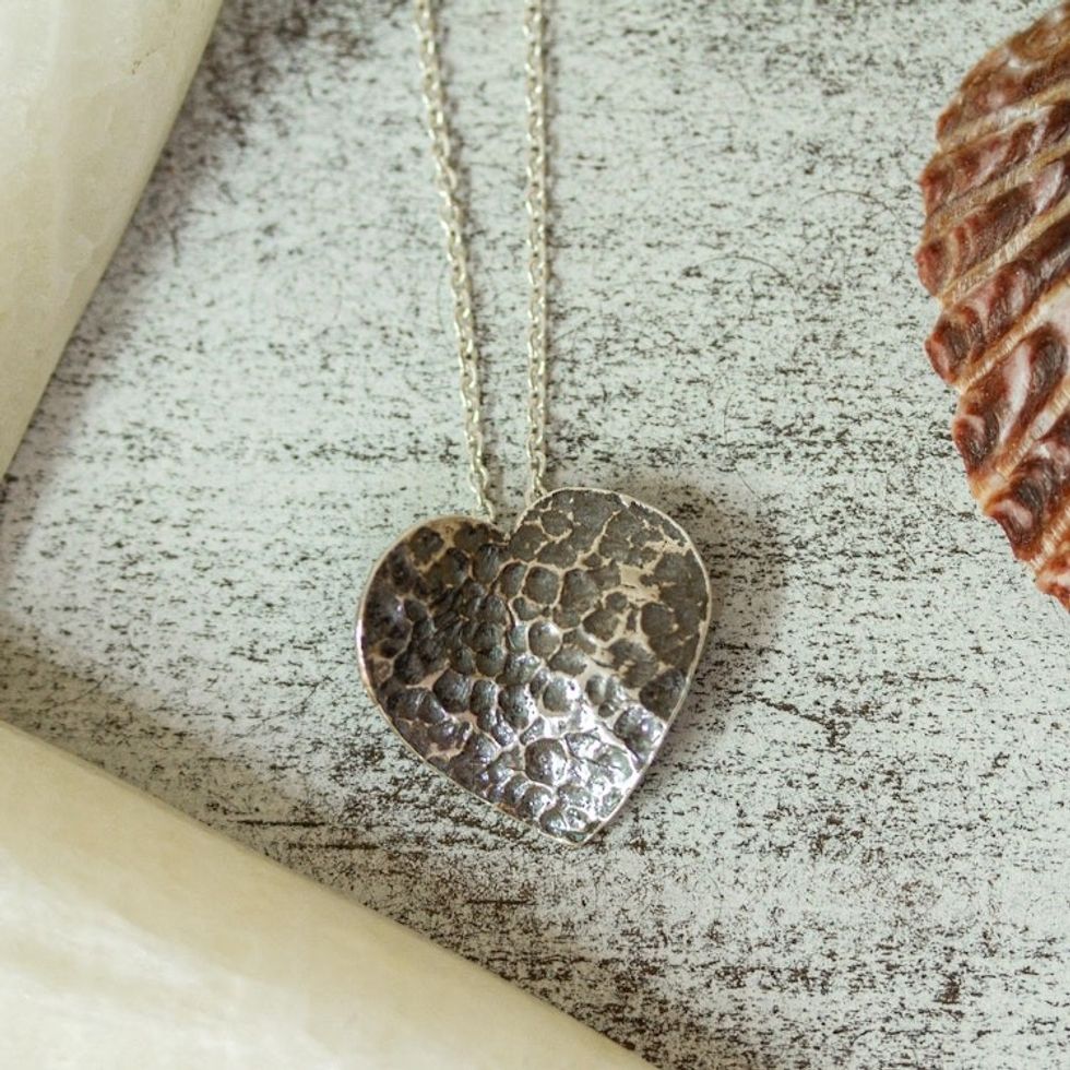 Sterling Textured Silver Heart Pendant Necklace from Mexico 'Heart on Fire'