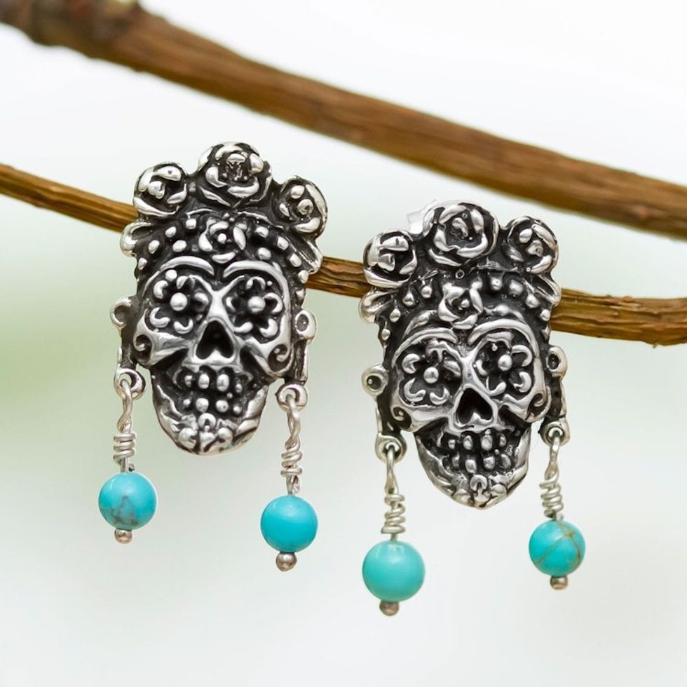 Catrina Frida Themed Sterling Silver Button Earrings 'Catrina Kahlo'