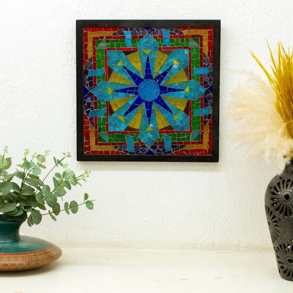 Alternate image for Colored Glass Mosaic Wall Hanging in Floral Design Mexico Mexican Mandala