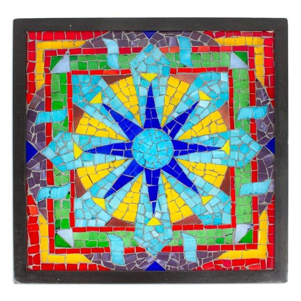 Alternate image for Colored Glass Mosaic Wall Hanging in Floral Design Mexico Mexican Mandala