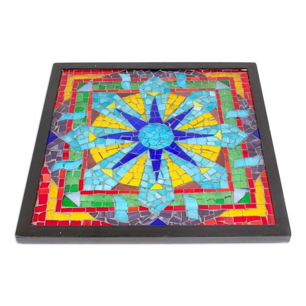 Alternate image for Colored Glass Mosaic Wall Hanging in Floral Design Mexico Mexican Mandala