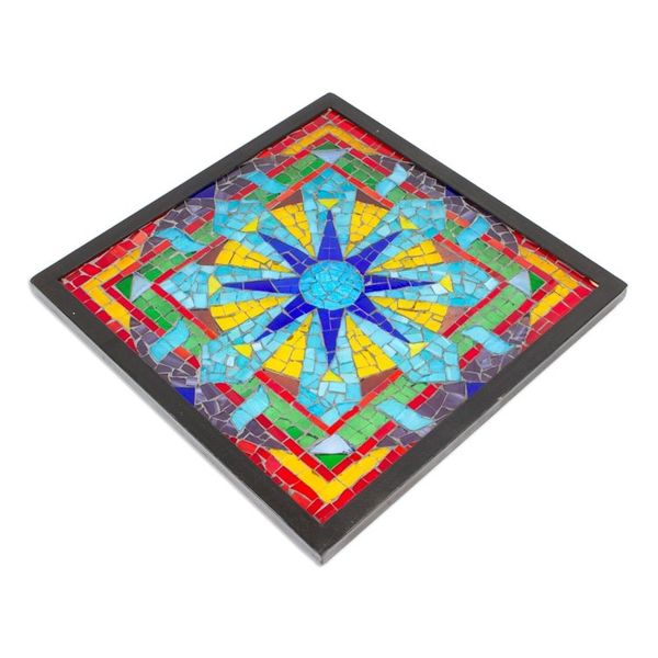 Alternate image for Colored Glass Mosaic Wall Hanging in Floral Design Mexico Mexican Mandala