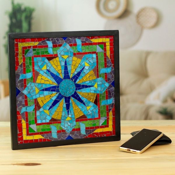 Alternate image for Colored Glass Mosaic Wall Hanging in Floral Design Mexico Mexican Mandala
