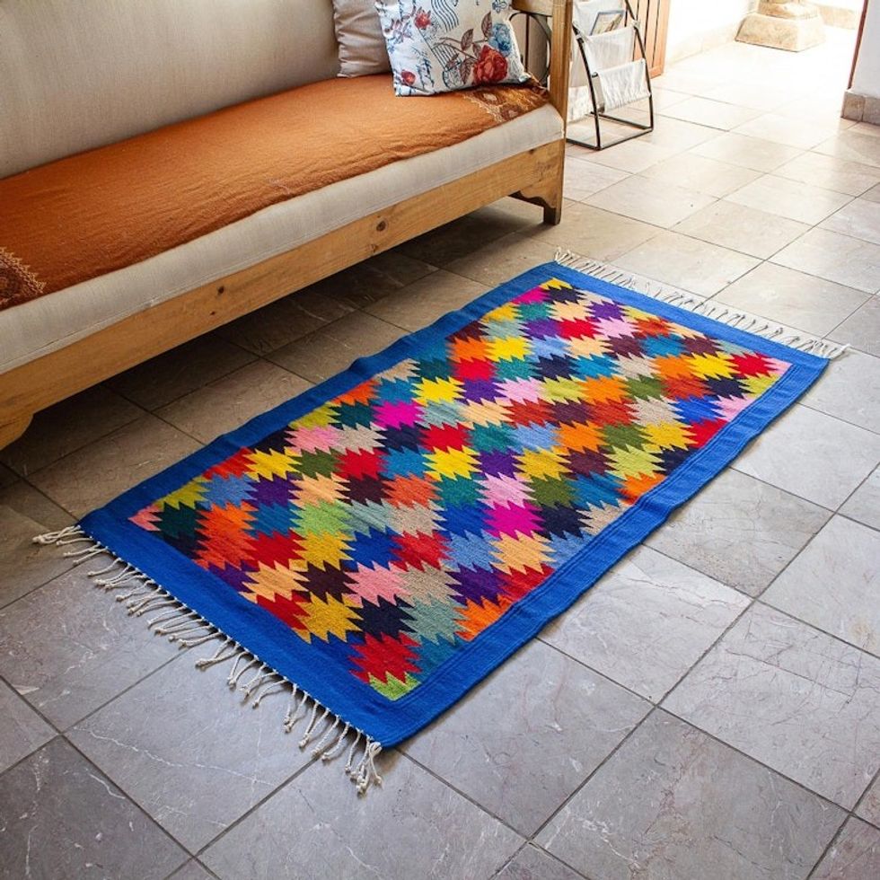 Hand Woven Colorful Wool Area Rug from Oaxaca 'Endless Stars'