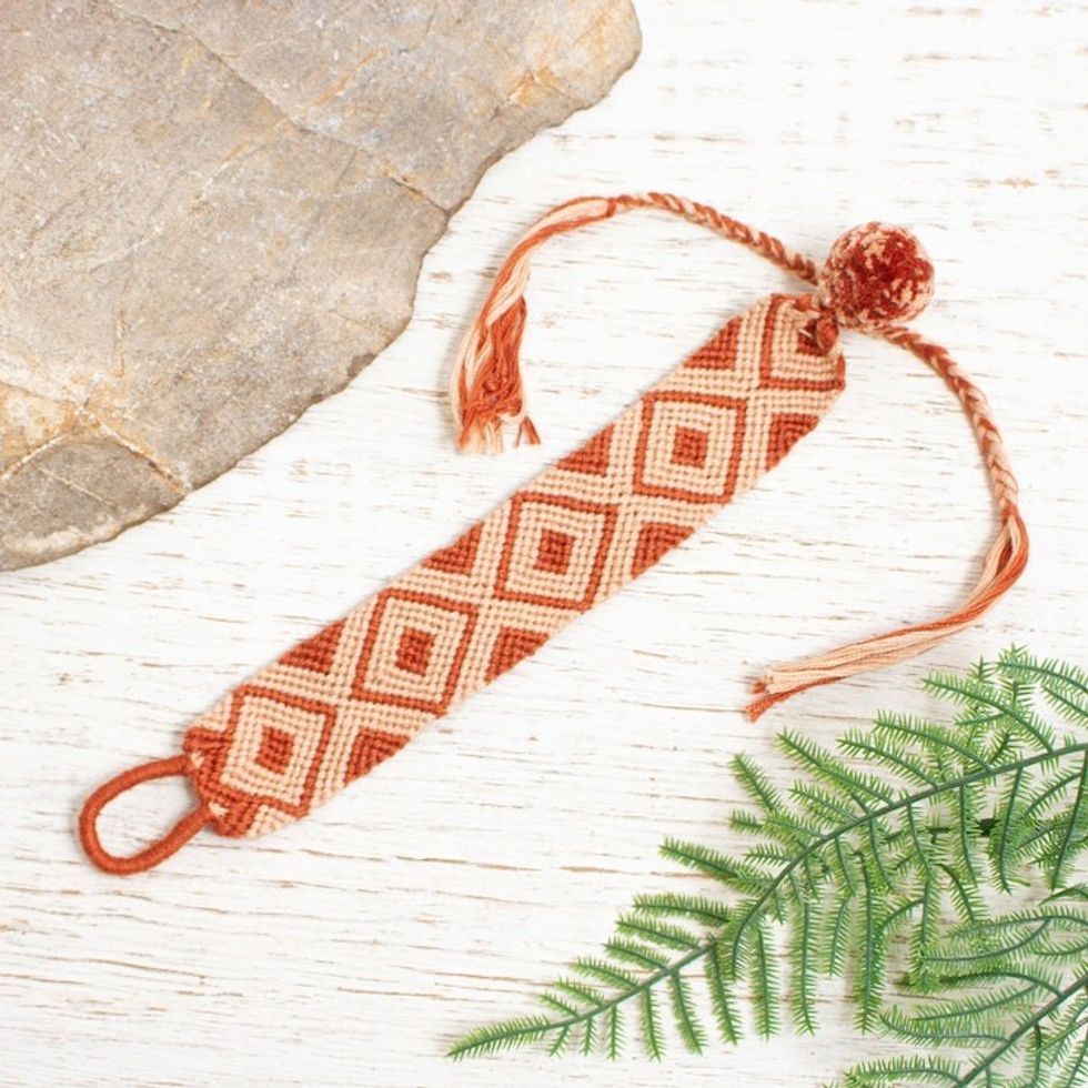 Russet and Peach 100 Macrame Cotton Bracelet from Chiapas 'Russet Diamonds'