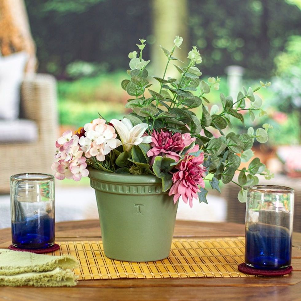 Handmade Green Ceramic Planter Pot from Mexico 'Classic Lines'