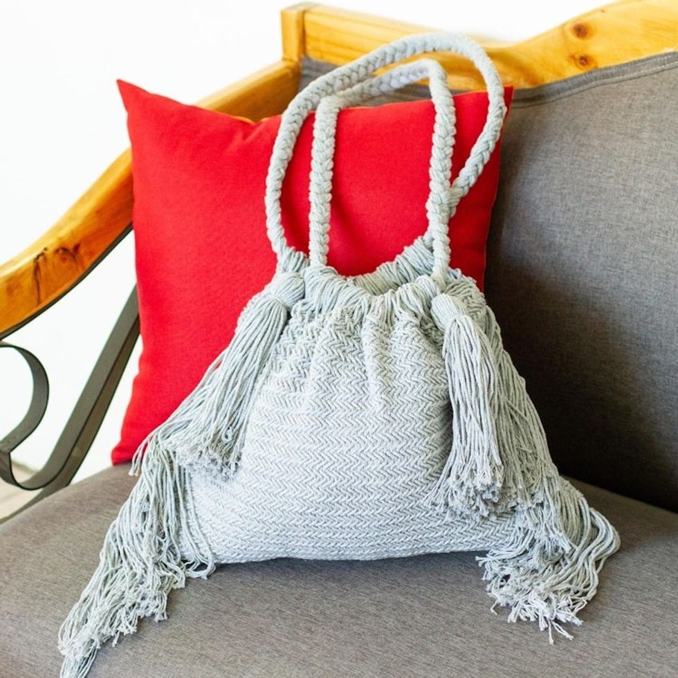Macrame Cotton Shoulder Bag in Light Grey 'Terra Fria in Ash'