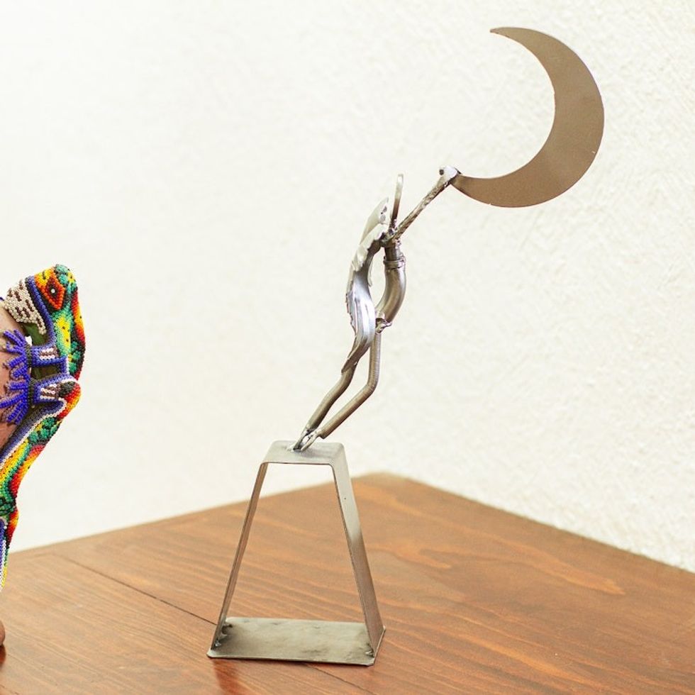 Angel-themed Recycled Metal Sculpture 'Capture the Moon'