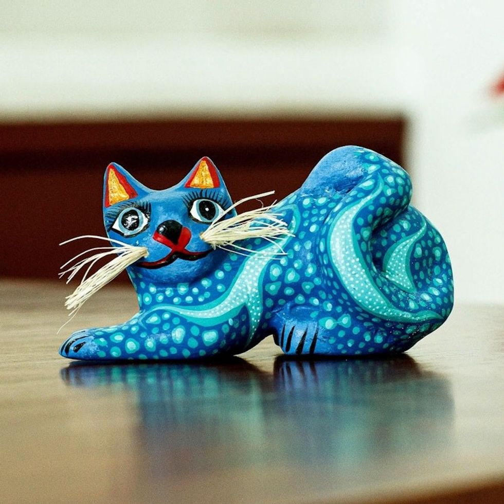 Blue and Turquoise Whiskered Cat Alebrije from Oaxaca 'Blue Pouncing Cat'