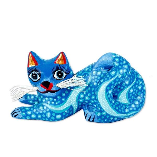 Alternate image for Blue and Turquoise Whiskered Cat Alebrije from Oaxaca Blue Pouncing Cat