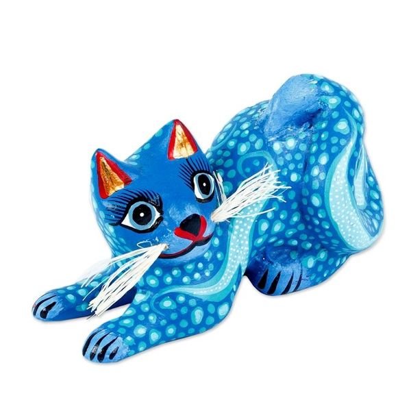 Alternate image for Blue and Turquoise Whiskered Cat Alebrije from Oaxaca Blue Pouncing Cat