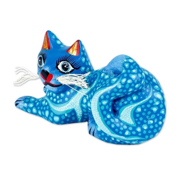 Alternate image for Blue and Turquoise Whiskered Cat Alebrije from Oaxaca Blue Pouncing Cat