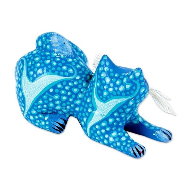 Alternate image for Blue and Turquoise Whiskered Cat Alebrije from Oaxaca Blue Pouncing Cat