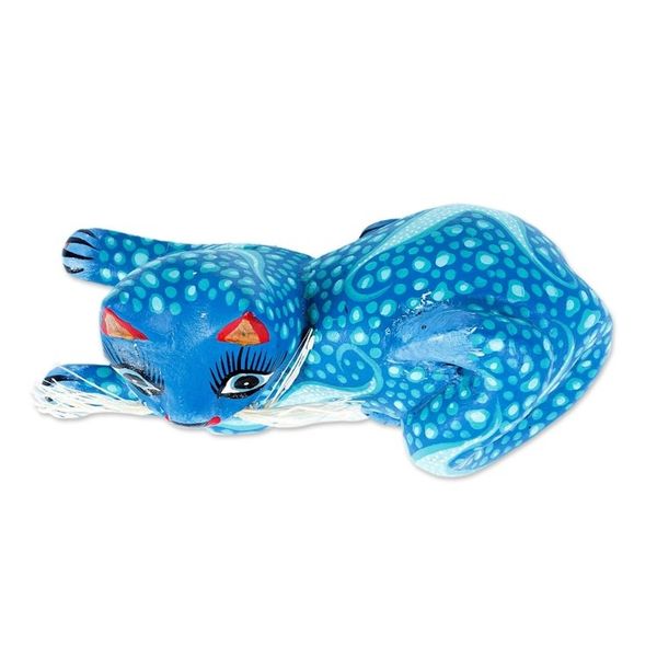 Alternate image for Blue and Turquoise Whiskered Cat Alebrije from Oaxaca Blue Pouncing Cat