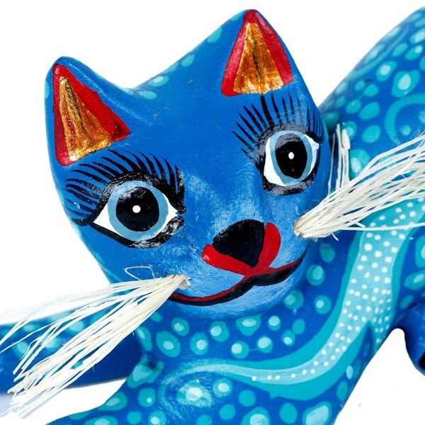 Alternate image for Blue and Turquoise Whiskered Cat Alebrije from Oaxaca Blue Pouncing Cat