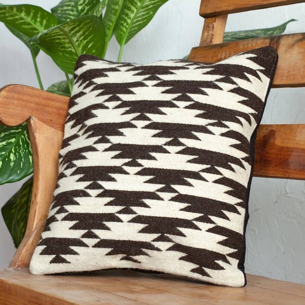 Handwoven Brown and Ivory Color Cushion Cover 'Zapotec Eagles'