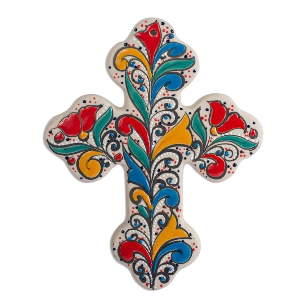 Handmade Ceramic Wall Cross with Colorful Motifs 8 Inch 'Flourishing Faith'