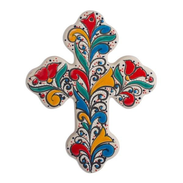 Alternate image for Handmade Ceramic Wall Cross with Colorful Motifs 8 Inch Flourishing Faith
