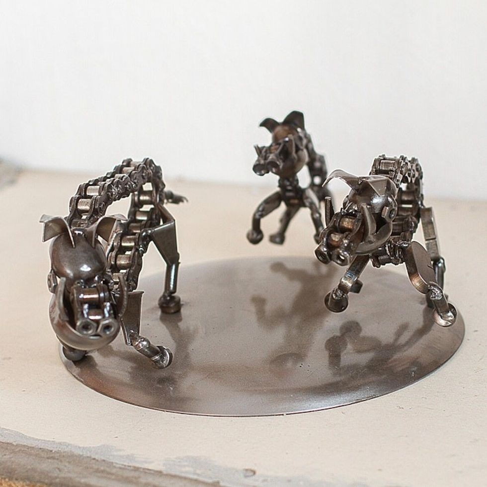 Hand Crafted Recycled Metal Art Boar Family Sculpture 'Rustic Wild Boar Family'