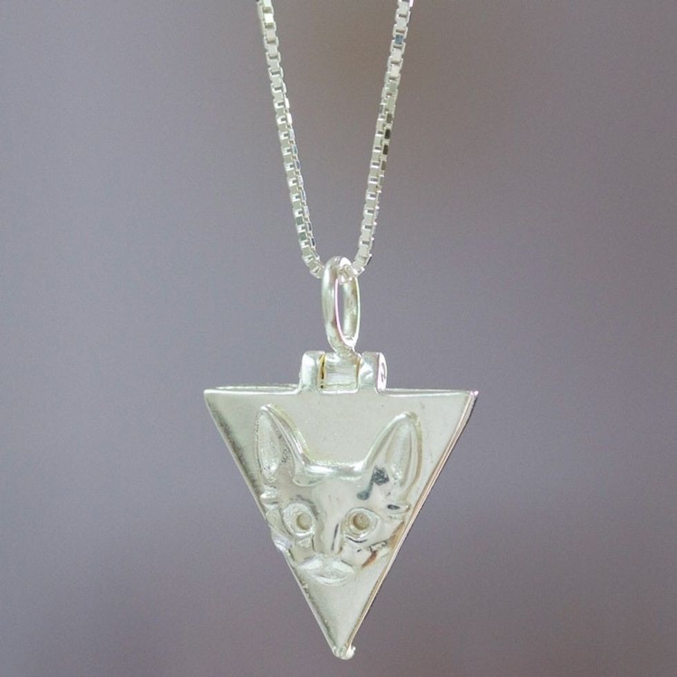 Handcrafted Sterling Silver Locket Necklace 'Oblique Cat'