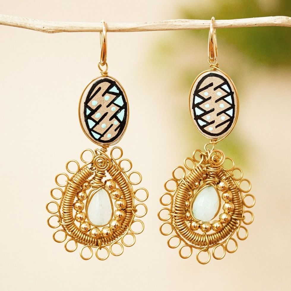 Handmade Gold Plated Earrings 'Mixed Media in Aqua'