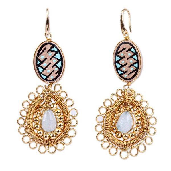 Alternate image for Handmade Gold Plated Earrings Mixed Media in Aqua