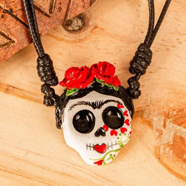 Alternate image for Skull Pendant Necklace on Adjustable Cord Romantic Calavera