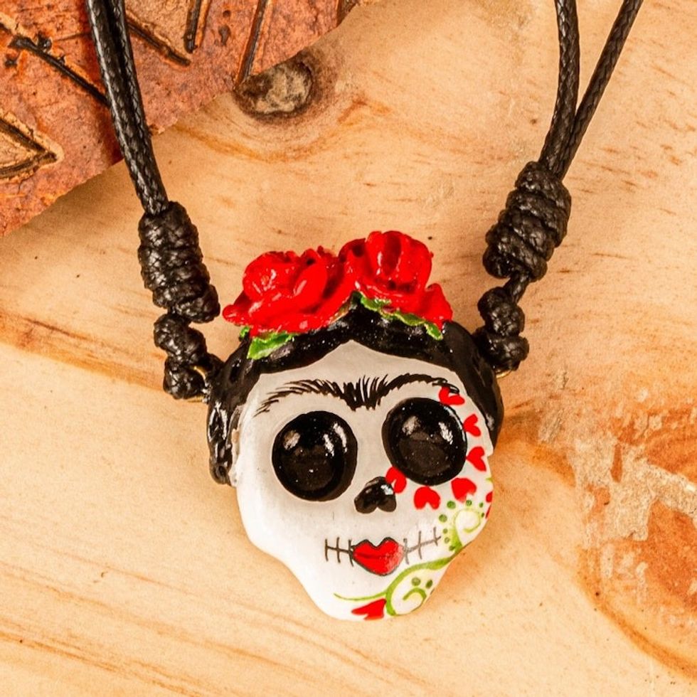 Skull Pendant Necklace on Adjustable Cord 'Romantic Calavera'