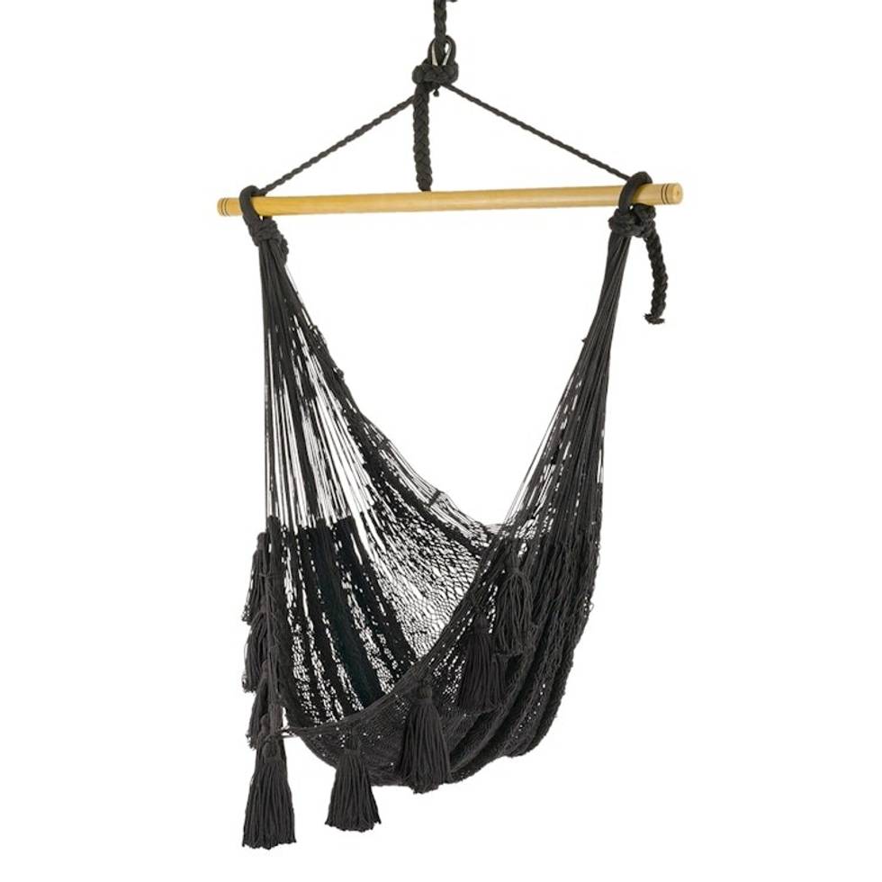 Tasseled Black Cotton Rope Mayan Hammock Swing 'Ocean Seat in Black'