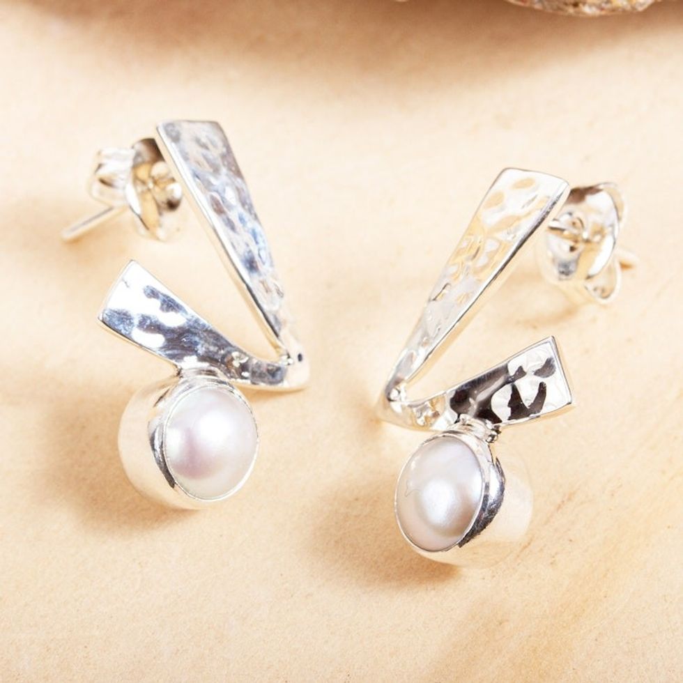Drop Earrings with White Cultured Pearls 'Check'