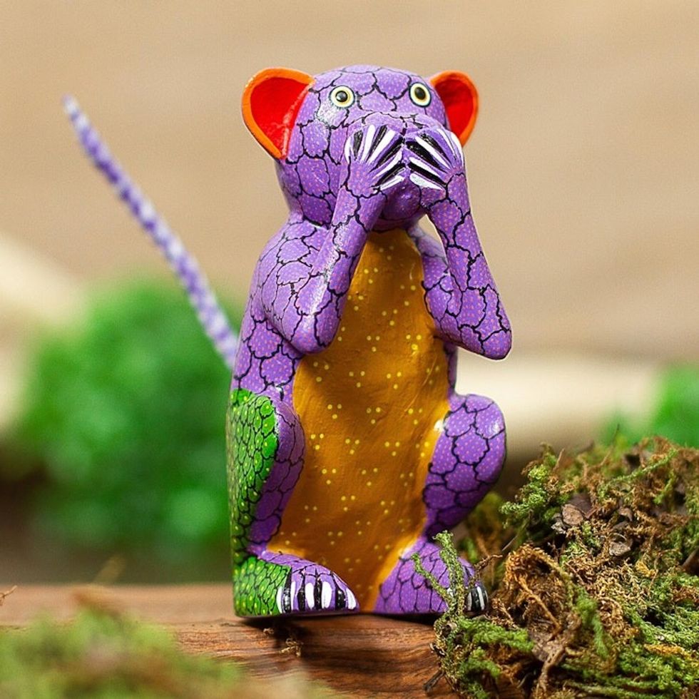 Wood Alebrije Carving of Multicolored Monkey from Oaxaca 'Speak No Evil'