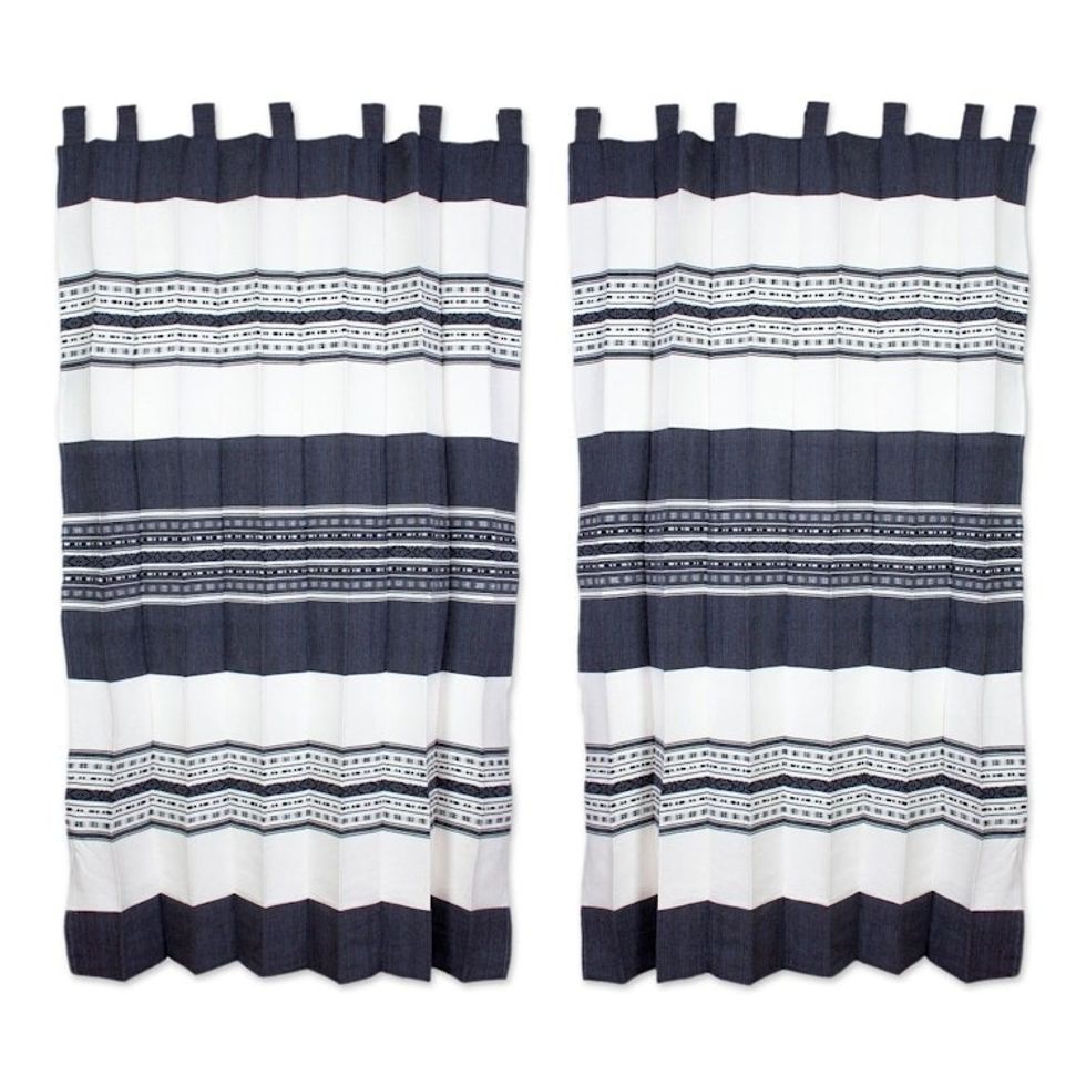 Blue and White Handwoven Cotton Curtains from Oaxaca Pair 'Blue Ice'