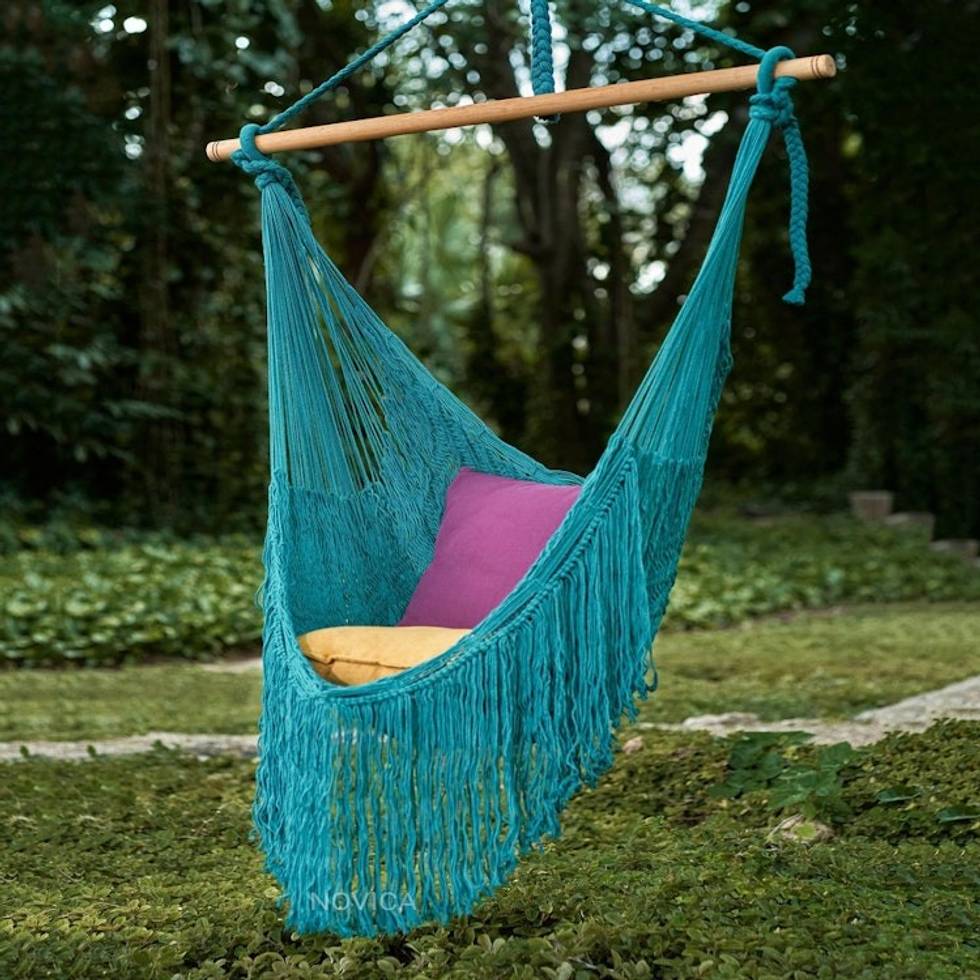 Fringed Teal Cotton Rope Mayan Hammock Swing from Mexico 'Sea Breezes in Teal'