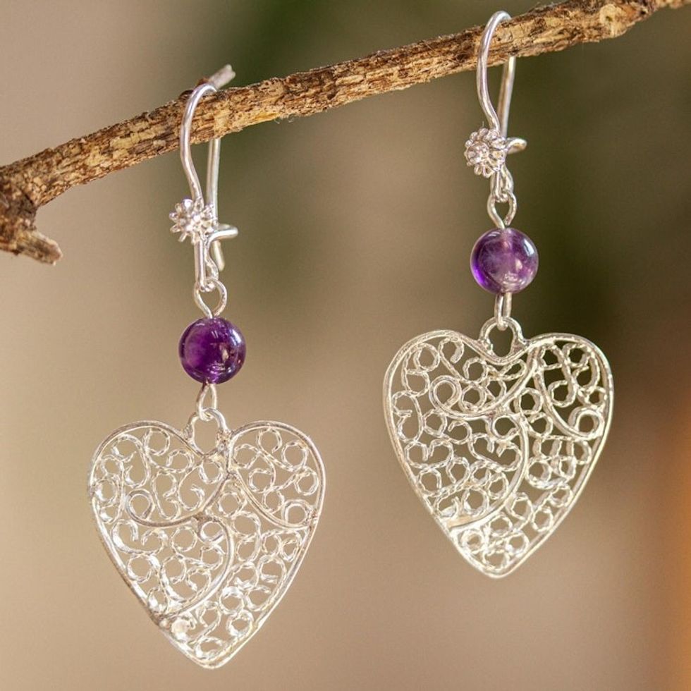 Sterling Silver Filigree Dangle Earrings with Amethyst 'Ethereal Harmony'