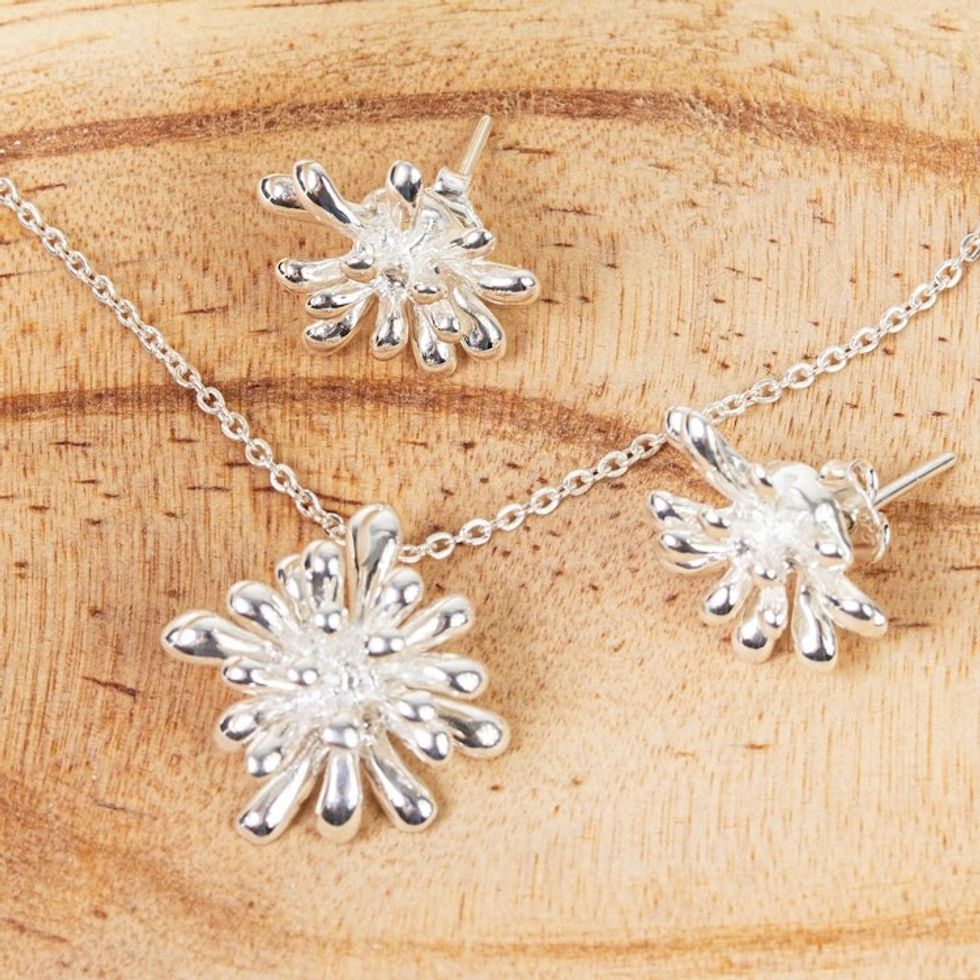 Necklace and Earrings in Taxco Sterling Silver 'Cool Coral'