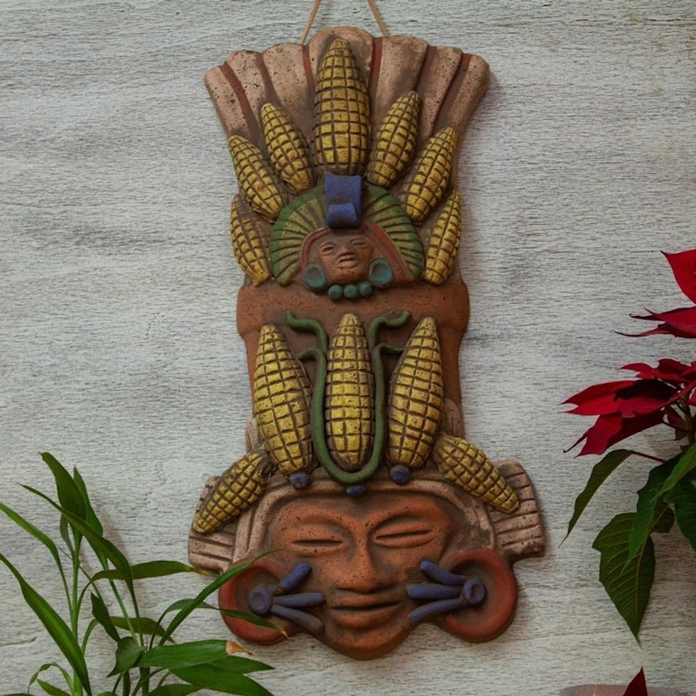 Handcrafted Ceramic Corn Guardian Mask Wall Art from Mexico 'Maize Majesties'