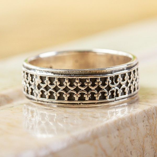 Alternate image for 950 Silver Fretwork Band Ring from Mexico Elegant Fretwork