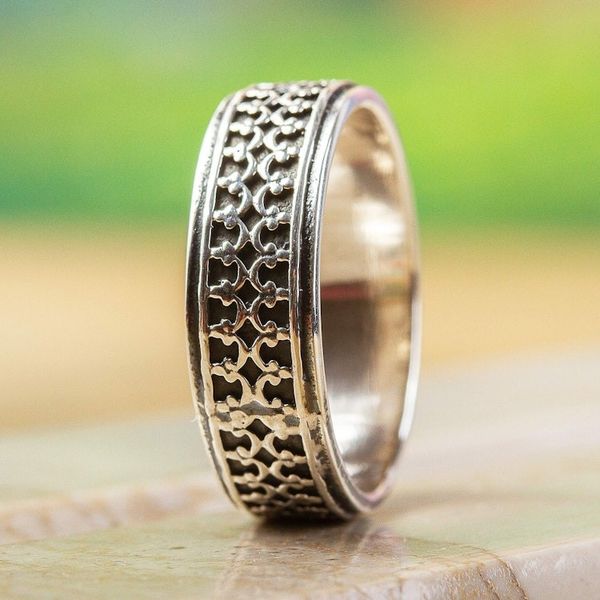 Alternate image for 950 Silver Fretwork Band Ring from Mexico Elegant Fretwork