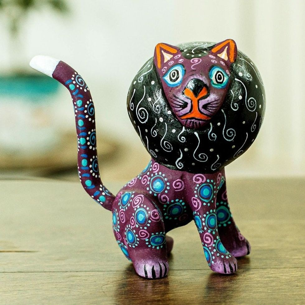 Purple Sleepy Lion Alebrije Carving with Detachable Tail 'Insomniac Lion'