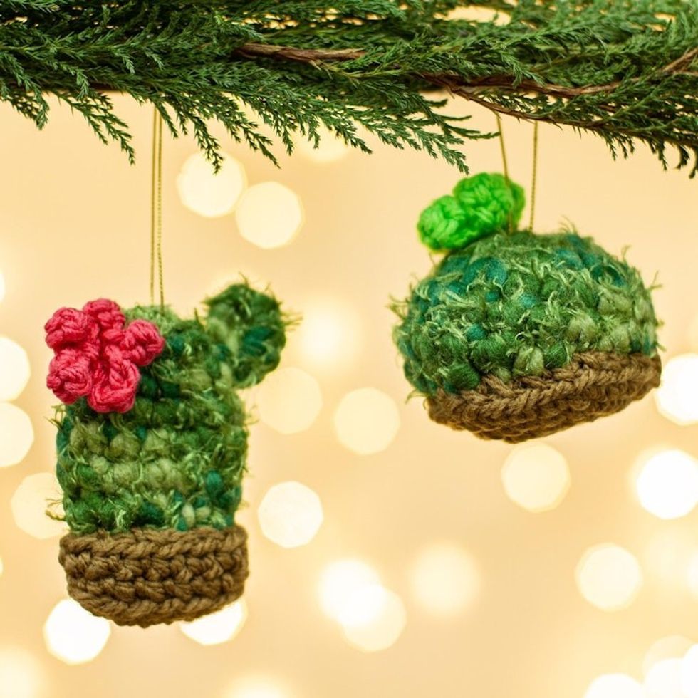 Hand Crocheted Potted Cactus Ornaments Pair 'Desert Cheer'