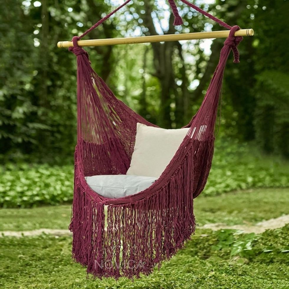 Burgundy Fringed Cotton Rope Mayan Hammock Swing from Mexico 'Sea Breezes in Bordeaux'