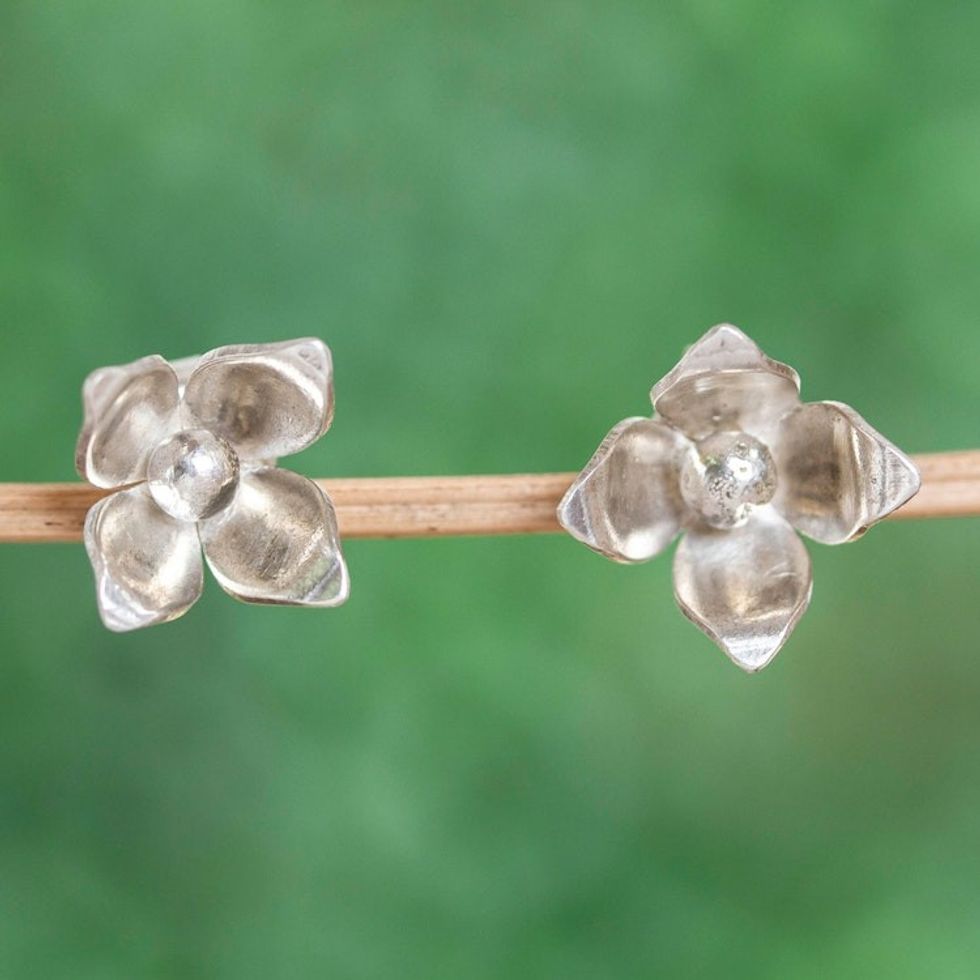 Matte Sterling Silver Button Earrings 'Olive Flower'