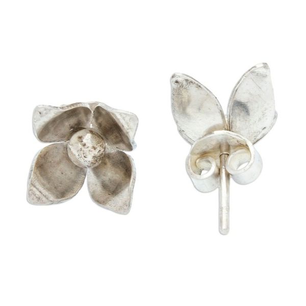 Alternate image for Matte Sterling Silver Button Earrings Olive Flower